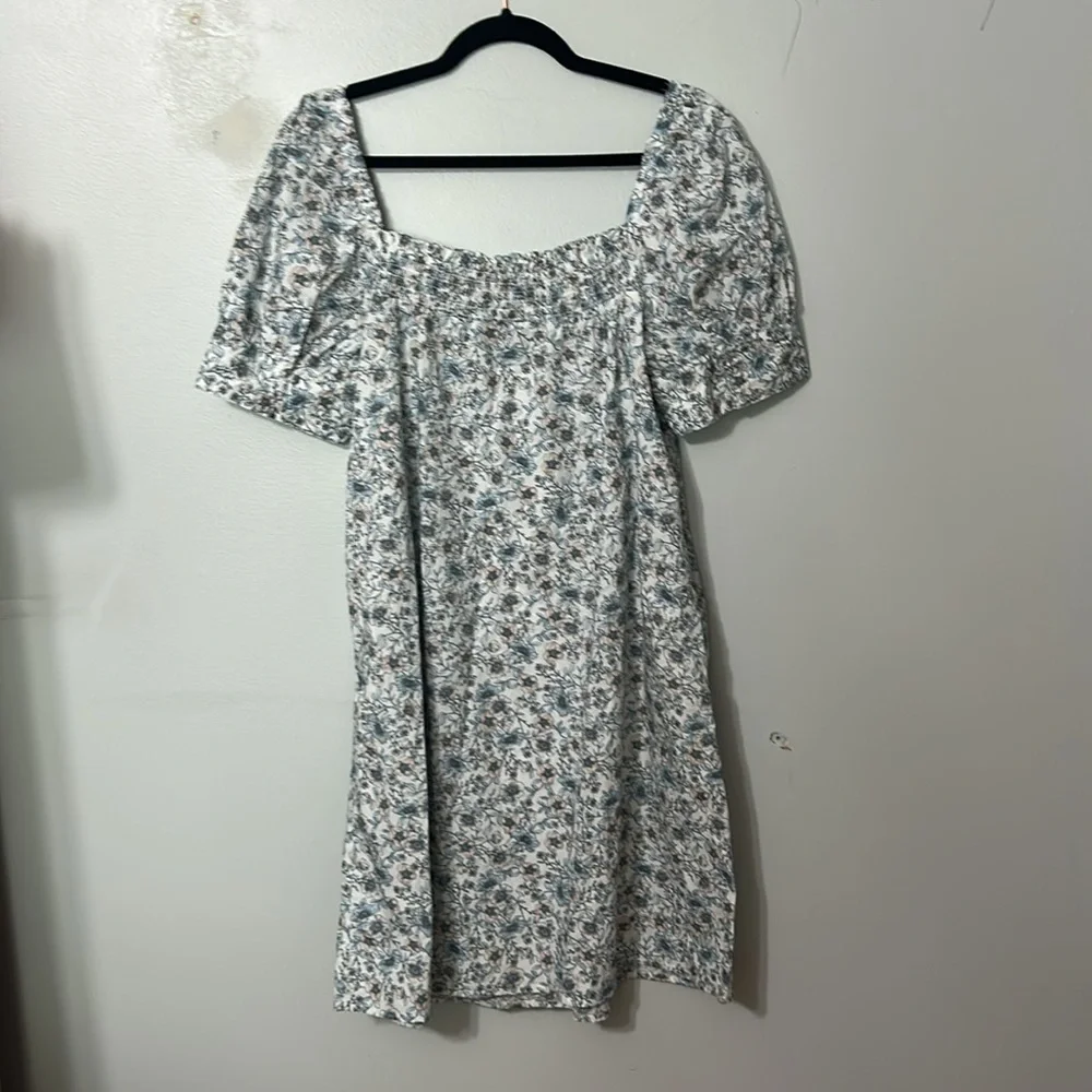 J. Crew White Mini Dress with Blue Floral Print
